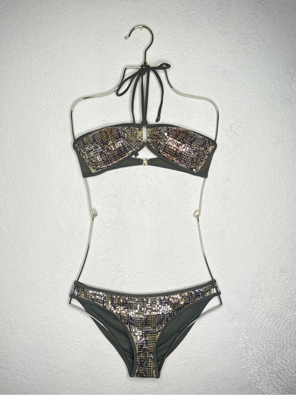 H&M Olive Sequin Bandeau Bikini with Halter Tie